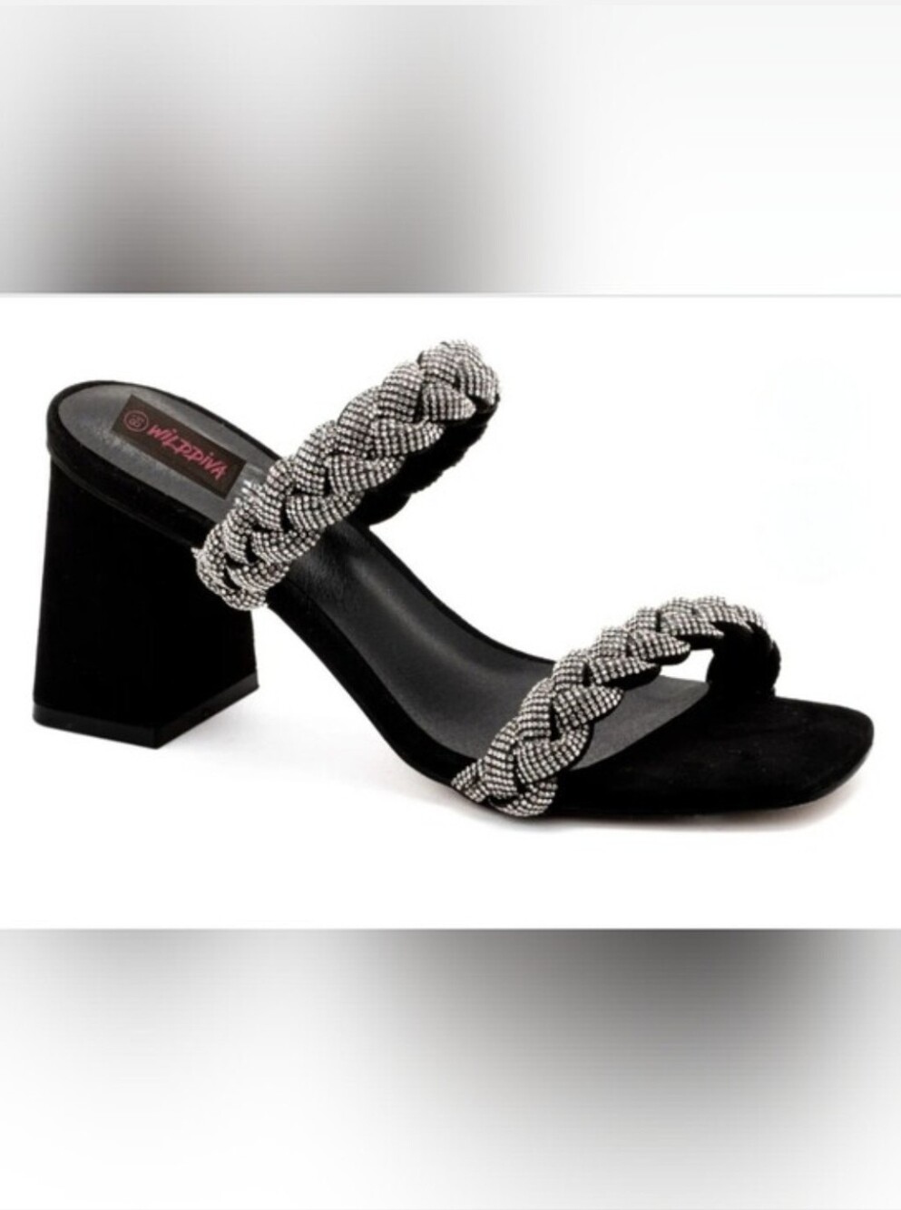 Wild Diva Black Block Heel Sandal with Braided Silver Straps